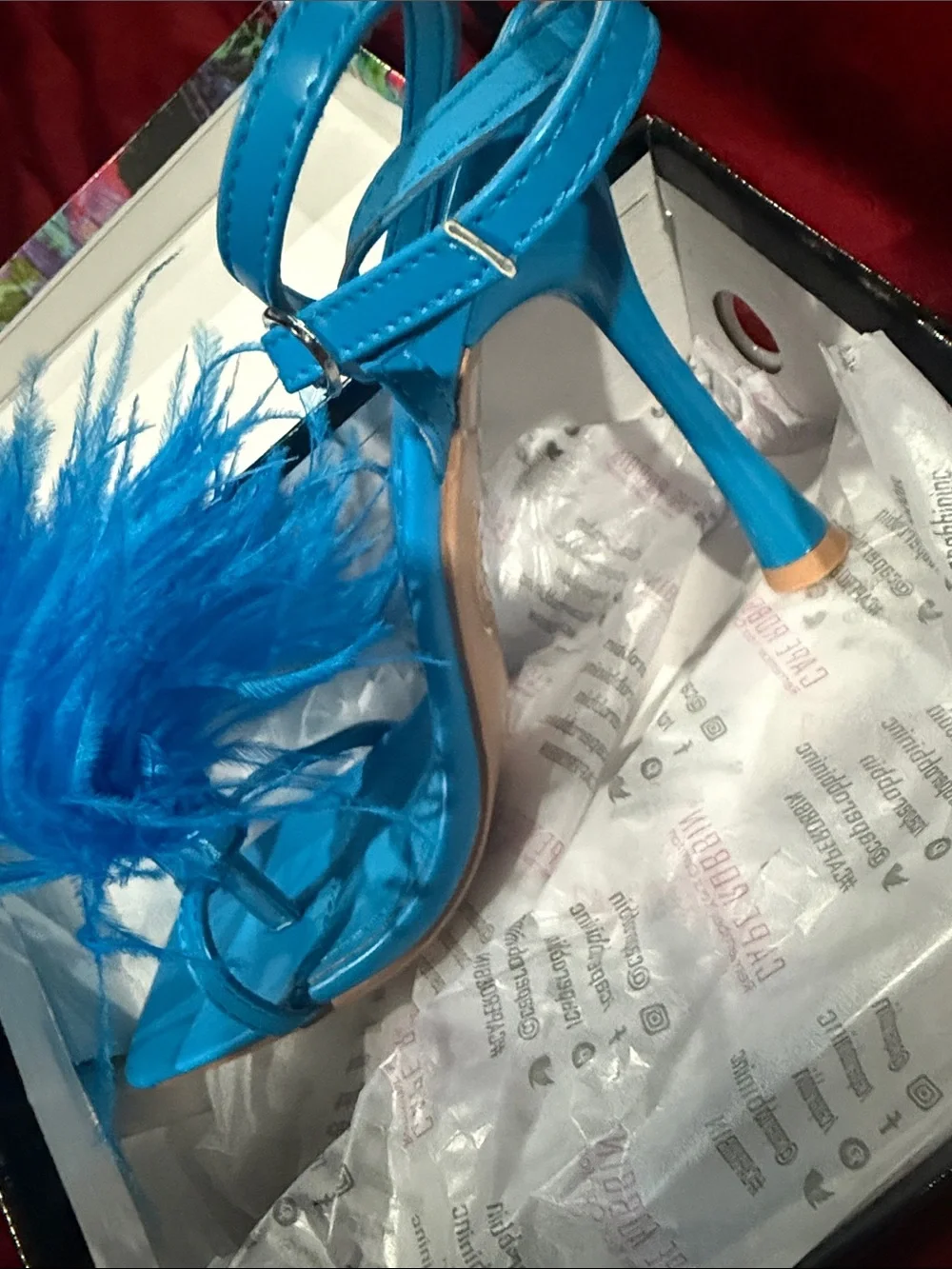 Blue Feather Strap High Heel Sandals - Women's